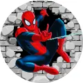 Kulatý jedlý obrázek na dort – Spiderman, průlet dírou v šedé zdi (červená, modrá, šedá)