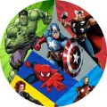 Kulatý jedlý obrázek na dort – Avengers, Captain America a Black Widow ve výsečích (modrá, červená, zelená)