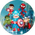 Kulatý jedlý obrázek na dort – Avengers, dětský styl, Spiderman a Thor v helmě (modrá, červená, zelená)