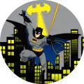 Kulatý jedlý obrázek na dort – Batman, v letu s lanem a signálem (černá, žlutá, šedá)
