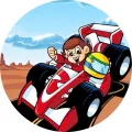 Kulatý jedlý obrázek na dort – Formule, kreslený pilot slavící v poušti (červená, modrá, bílá)