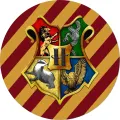 Kulatý jedlý obrázek na dort – Harry Potter, bradavický erb a pruhy (červená, žlutá, zlatá)