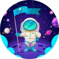 Kulatý jedlý obrázek na dort – Kosmonaut, s tyrkysovou vlajkou na planetě (modrá, fialová, tyrkysová)