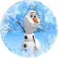 Kulatý jedlý obrázek na dort – Frozen, smějící se sněhulák Olaf v zimě (modrá, bílá)