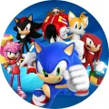 Kulatý jedlý obrázek na dort – Sonic, celá parta a Dr. Eggman (modrá, červená, bílá)