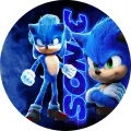 Kulatý jedlý obrázek na dort – Sonic, dvě pózy a neonový nápis (modrá, černá, bílá)