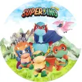 Kulatý jedlý obrázek na dort – Super dinosauři (zelená, modrá, žlutá)