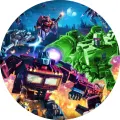 Kulatý jedlý obrázek na dort – Transformers, Optimus a Megatron ve vesmíru (modrá, zelená, červená)