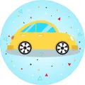 Kulatý jedlý obrázek na dort – Autíčko, žlutý brouk a konfety (žlutá, modrá, bílá)