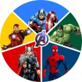 Kulatý jedlý obrázek na dort – Avengers, 5 hrdinů v barevných výsečích s logem (modrá, červená, zelená)