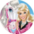 Kulatý jedlý obrázek na dort – Barbie, Koník (růžová, bílá, modrá)