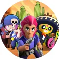 Kulatý jedlý obrázek na dort – Brawl Stars, Colt, Penny a Poco na poušti (modrá, zelená, růžová)
