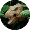 Kulatý jedlý obrázek na dort – Dinosaur, Hlava T-Rexa v zeleném pralese (zelená, hnědá, černá)