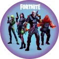 Kulatý jedlý obrázek na dort – Fortnite, Bojovníci a rosolovitý hrdina (fialová, modrá, černá)