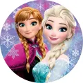 Kulatý jedlý obrázek na dort – Frozen, sestry Anna a Elsa s růžovými vločkami (fialová, modrá, tyrkysová)