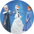 Kulatý jedlý obrázek na dort – Frozen, Elsa a Anna s Olafem na sněhové kupě (modrá, bílá, tyrkysová)