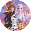 Kulatý jedlý obrázek na dort – Frozen, Anna, Elsa a Olaf v podzimním listí (fialová, růžová, modrá)