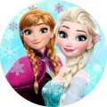 Kulatý jedlý obrázek na dort – Frozen, Anna a Elsa na tyrkysovém pozadí (modrá, tyrkysová, fialová)