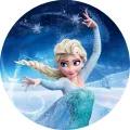 Kulatý jedlý obrázek na dort – Frozen, tančící Elsa s ledovými kouzly (modrá, tyrkysová, bílá)