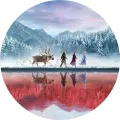 Kulatý jedlý obrázek na dort – Frozen, družina s odrazem ve vodní hladině (modrá, růžová, bílá)