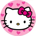 Kulatý jedlý obrázek na dort – Hello Kitty, hlava kočičky a srdíčka (růžová, bílá, černá)