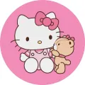 Kulatý jedlý obrázek na dort – Hello Kitty, s plyšovým medvídkem v růžové (růžová, bílá)