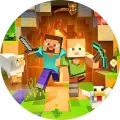 Kulatý jedlý obrázek na dort – Minecraft, Steve a Alex u jeskyně se zvířátky (žlutá, zelená, hnědá)