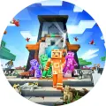 Kulatý jedlý obrázek na dort – Minecraft, Hrdinové v brnění a zvířata u chrámu (modrá, zelená, žlutá)