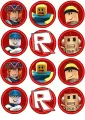 List jedlých koleček na cupcakes – Roblox, terčíky s postavičkami a logem R (červená, žlutá, modrá)