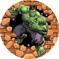 Kulatý jedlý obrázek na dort – Hulk, prorážení oranžové cihlové zdi (zelená, červená, fialová)