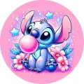Kulatý jedlý obrázek na dort – Lilo a Stitch, Stitch s bublinou ze žvýkačky (růžová, modrá, fialová)
