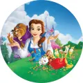 Kulatý jedlý obrázek na dort – Kráska a zvíře, Bella v modrém a zámek na louce (modrá, zelená, žlutá)