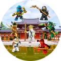 Kulatý jedlý obrázek na dort – LEGO Ninjago, ninjové a mistr Wu u chrámu (modrá, červená, zelená)
