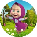 Kulatý jedlý obrázek na dort – Máša a medvěd, Máša mezi kopretinami (zelená, fialová, modrá)
