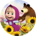 Kulatý jedlý obrázek na dort – Máša a medvěd, slunečnice a bubliny (fialová, žlutá, zelená)
