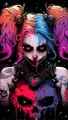 Obdélníkový jedlý obrázek na dort – Harley Quinn, rudé oči a motivy lebek (černá, růžová, modrá)