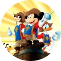 Kulatý jedlý obrázek na dort – Mickey Mouse, mušketýři Donald, Goofy a Pluto (modrá, žlutá, červená)