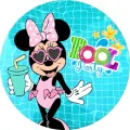 Kulatý jedlý obrázek na dort – Minnie, Pool Party u bazénu (tyrkysová, růžová, bílá)