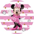 Kulatý jedlý obrázek na dort – Minnie, mávající na širokých pruzích (růžová, bílá, zlatá)