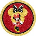 Kulatý jedlý obrázek na dort – Minnie, zlatá silueta a třpytivé pozadí (červená, zlatá, černá)