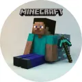Kulatý jedlý obrázek na dort – Minecraft, Steve u diamantové rudy (modrá, tyrkysová, šedá)