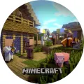 Kulatý jedlý obrázek na dort – Minecraft, poklidná vesnice s golemem (zelená, hnědá, modrá)
