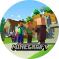 Kulatý jedlý obrázek na dort – Minecraft, Steve se smaragdem a Alex u domku (modrá, zelená, hnědá)