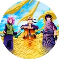 Kulatý jedlý obrázek na dort – Naruto, Tým 7 a zlatavá energie (žlutá, modrá, fialová)