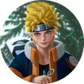 Kulatý jedlý obrázek na dort – Naruto, poloportrét a zelené kapradí (žlutá, modrá, zelená)