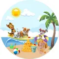 Kulatý jedlý obrázek na dort – Paw Patrol, plážová letní zábava (modrá, žlutá, hnědá)