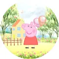 Kulatý jedlý obrázek na dort – Prasátko Peppa, s balonky u rodinného domku (zelená, růžová, žlutá)