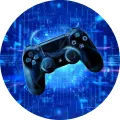 Kulatý jedlý obrázek na dort – PlayStation ovladač, modré digitální pozadí (modrá, černá)