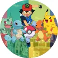 Kulatý jedlý obrázek na dort – Pokémon, Ash ve skoku a město v pruzích (modrá, zelená, žlutá)