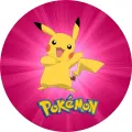 Kulatý jedlý obrázek na dort – Pokémon, Pikachu na růžovém pozadí (růžová, žlutá, modrá)